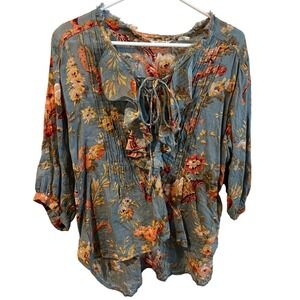 Denim & Supply Ralph Lauren Blue Floral Boho Ruffle Peasant Blouse Medium